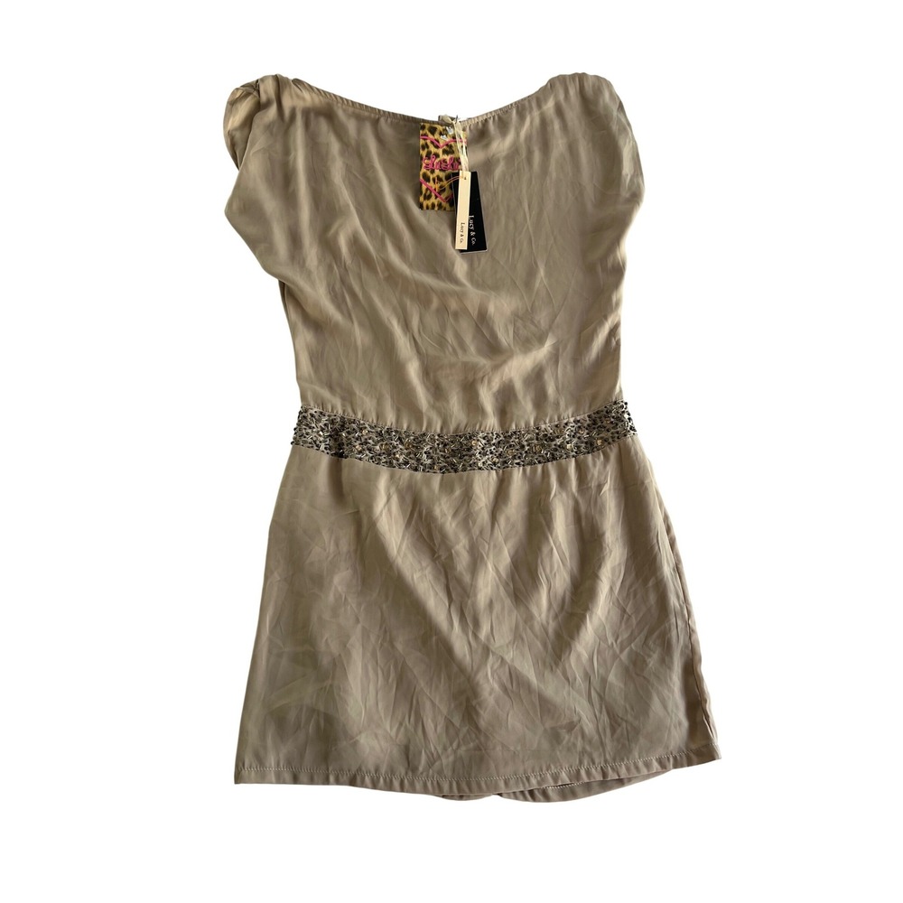 Lulus Lucy & Co Tan Beaded Waist Mini Dress Cap Sleeve Beige Party USA L EUR 42